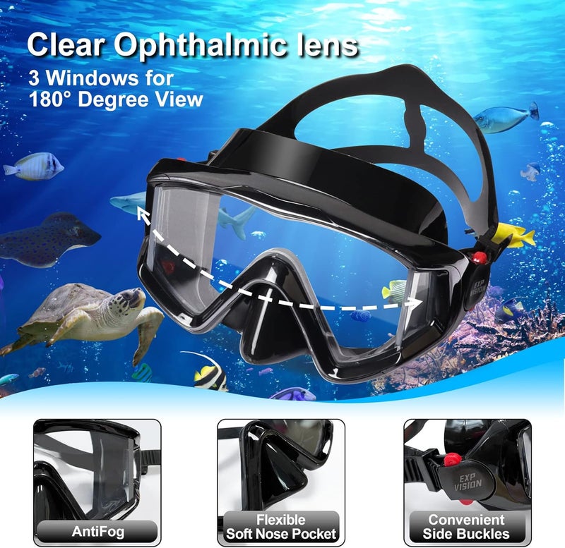 EXP VISION Snorkel Set Pano 3 Window Adult Snorkeling Gear, Professional Snorkel Goggles Anti-Fog Diving Mask, Anti-Leak Swim Goggles and Dry Top Snorkel for Diving, Snorkeling, Swimming - Image 2